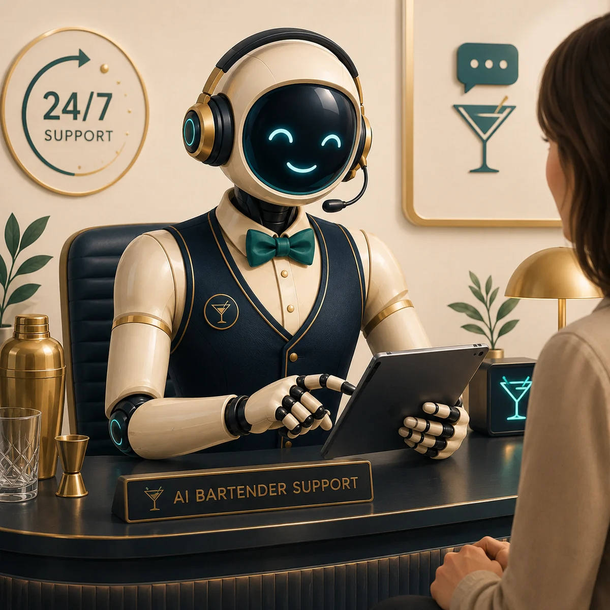 AI Party Bartender assisting a customer from a support desk